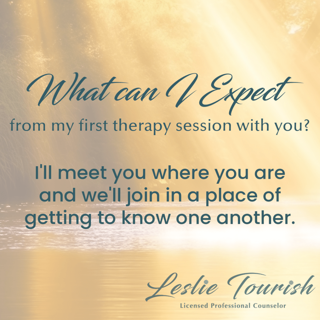 On a beautiful sunlit pond, Leslie Tourish responds to the question What can I expect from my first therapy session with you?  The answer is I'll meet you where you are and we'll join in a place of getting to know one another.  Text to the right expands on this answer.